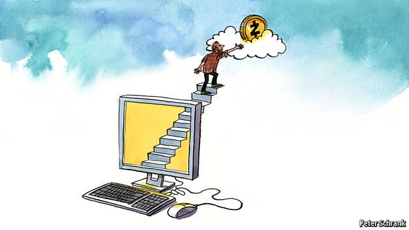 A cartoon shows a person climbing from a desktop computer toward a gold coin in the clouds.