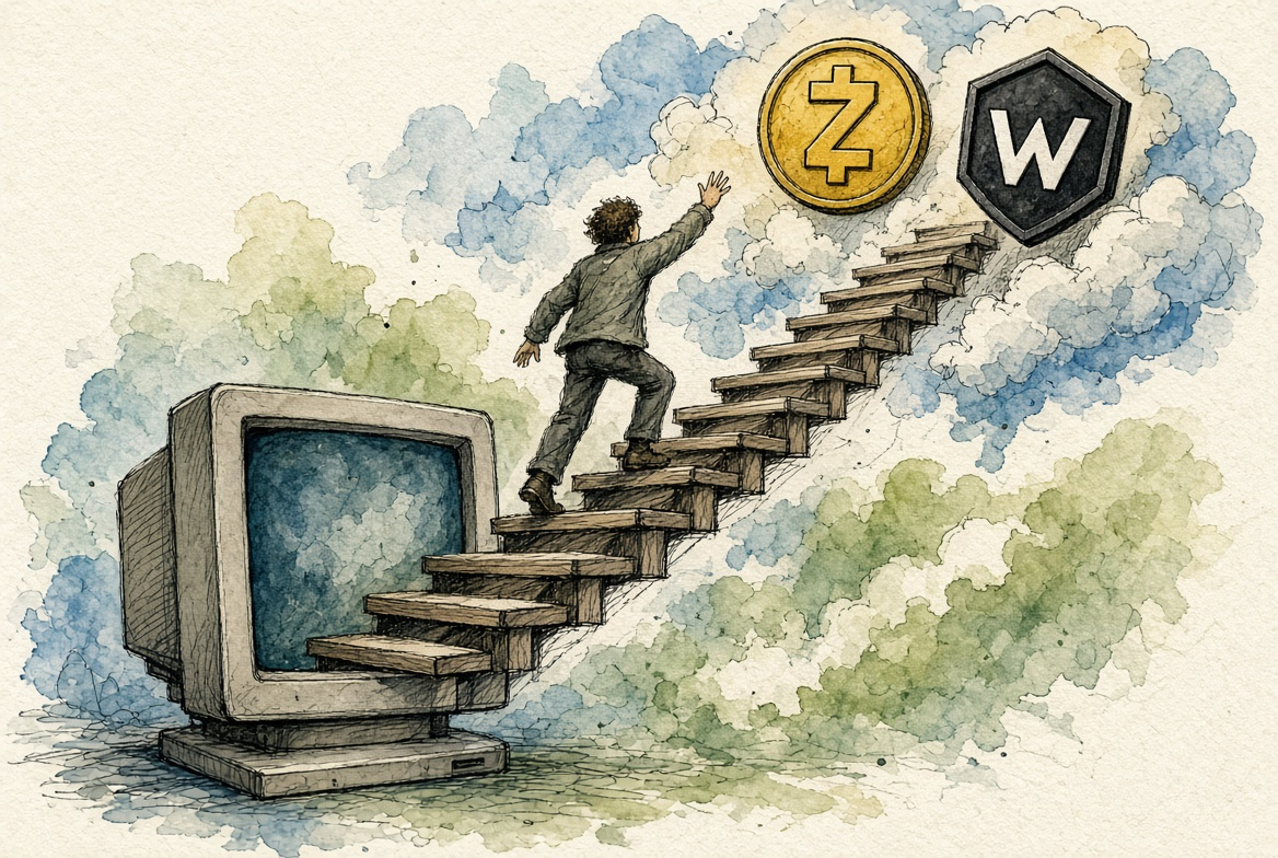 A miner climbs a staircase from a computer toward a gold Zcash coin and a Wcash shield, in a watercolor illustration.